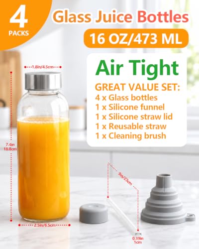 Zukro 16 oz Glass Juice Bottles Pack of 4 with Leak-Proof Stainless Steel Lids
