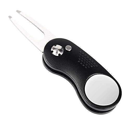 Golf Divot Repair Tool - Metal Foldable with Magnetic Ball Marker - Black Curve