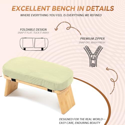 Bamboo Meditation Bench with Cushion - Foldable Prayer Stool, Beige