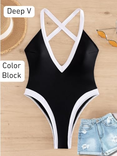 ChiaoLezhee Color Block Swimsuit Black White Medium - Plunge V Neck, High Cut, Backless for Pool & Vacation