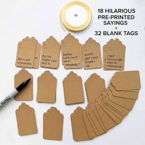 50Pcs Sarcastic Kraft Gift Tags with Golden Ribbon - Brown