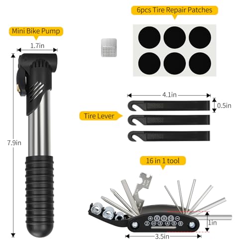 Bike Repair Kit with Mini Pump & 16-in-1 Multi-Tool - Multi-Tool+Inflator+Tire Repair Kit