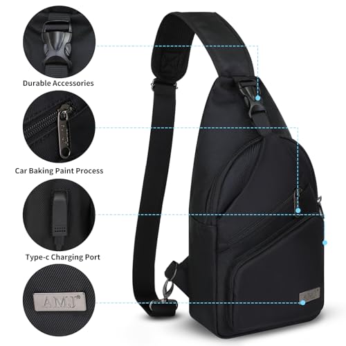 AMJ Large Black Crossbody Sling Bag for Men & Women Casual Travel Backpack