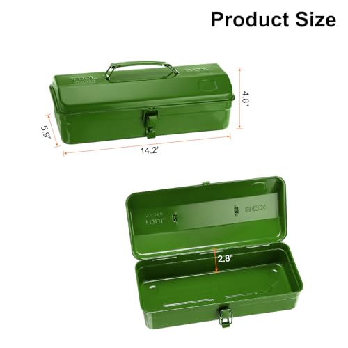 HARFINGTON Tool Box 14.2" Portable Steel Tool Box Hip Roof Style with Metal Latch Closure Tool Chest for Household Workshop Car, Green