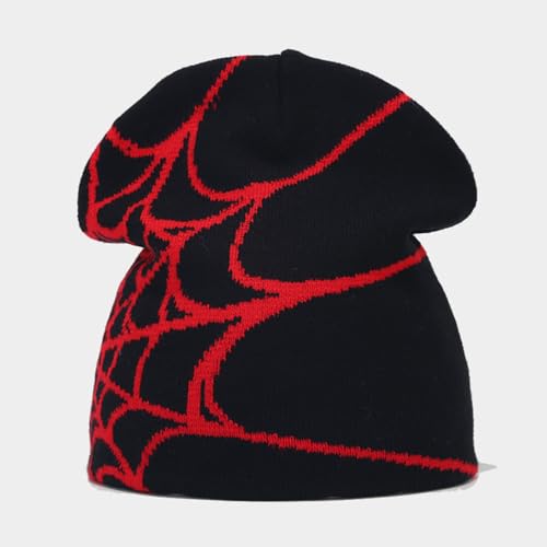 Y2K Spider Beanie Hat - Wool Acrylic Knit Skull Cap - One Size Spider-Black Red