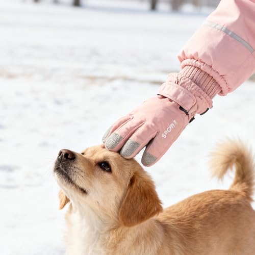 Kids Windproof Ski Gloves - Water-Repellent Mittens, 5-10 Years - Pink Star