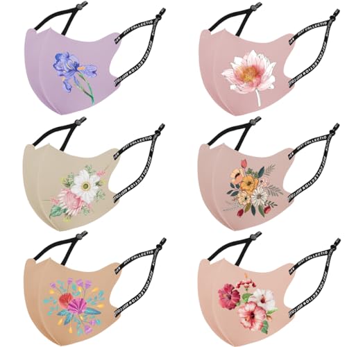 Reusable and Washable Face Masks,Adjustable Ice Silk Cloth Mask,Beautiful Flower Pattern Cloth Face Mask,Pack of 6