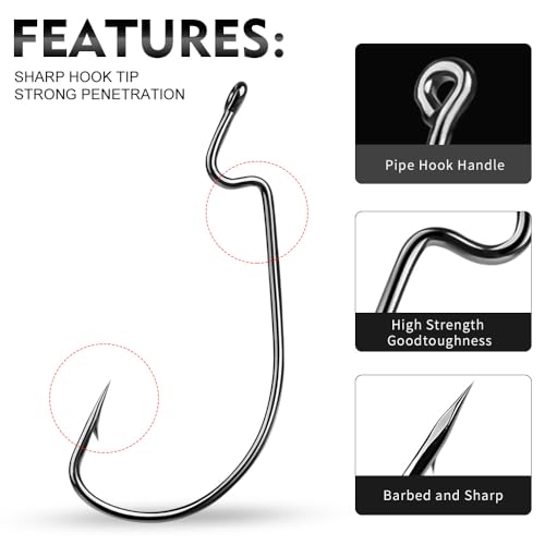 EWG Offset Worm Hooks for Bass Fishing - 50pcs Mixed Size Tackle Set