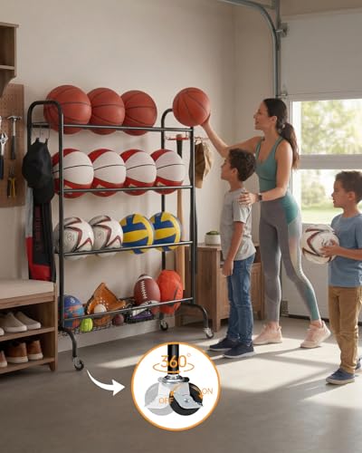 4-Tier Heavy-Duty Ball Storage Rack with Wheels & Baskets