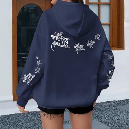 Lubpow Navy Blue Sea Turtle Oversized Hoodie for Women, Small