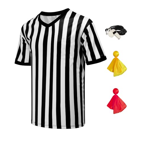 Referee Jersey Kit - 4Pcs V-Neck Shirt, Whistle & Flags - X-Large