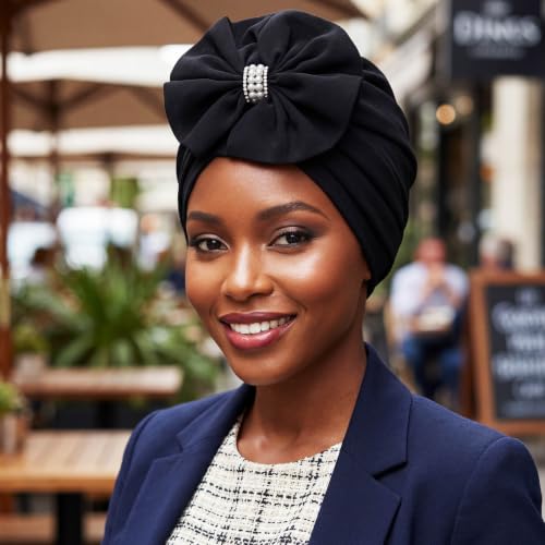 Flower Turban Beanie with Rhinestone Pearl Knot - Headwrap for Women