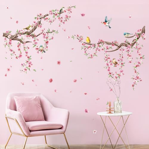 Cherry Blossom Tree Branch Wall Decals Pink Peach Flower Wall Stickers Spring Floral Birds Wall Art Decor for Bedroom Hall Livingroom Office TV Backdrop with 3 Sheets (11.8 x 35.4 inches/1 Sheet