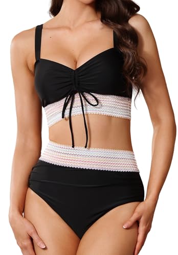 High Waisted Bikini Set - Color Block Tummy Control - Black, Large