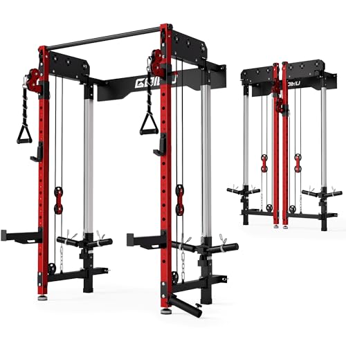 Folding Squat Rack - Wall Mounted Power Rack with Dual Pulley System - WM3 Folding Cage Red