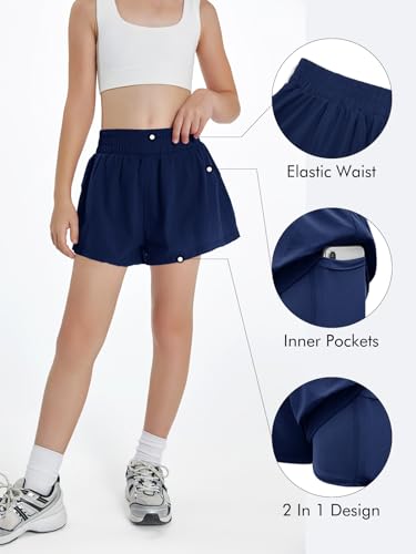 High Waist Girls Athletic Shorts - 2 in 1 Running Shorts, Navy Blue, 10-12 Years