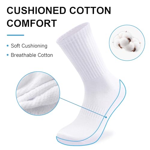 Men's Athletic Crew Socks - Cushioned for Running & Gym - White 12-14
