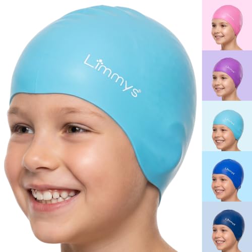 Kids Silicone Swim Cap - Non-Slip, Soft Stretch, Ear Seal - Light Blue