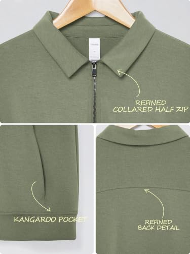 ODODOS Women's Modal Half-Zip Collared Sweatshirt - Relaxed Fit with Pockets, Dark Sage / Medium