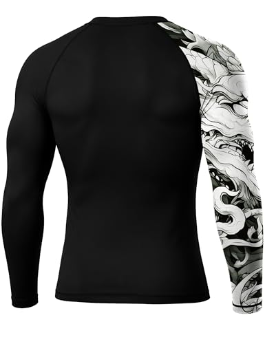 Roadbox Men's UPF 50+ BJJ Rash Guard - Long Sleeve Compression MMA Top, Black-White Dragon, Large