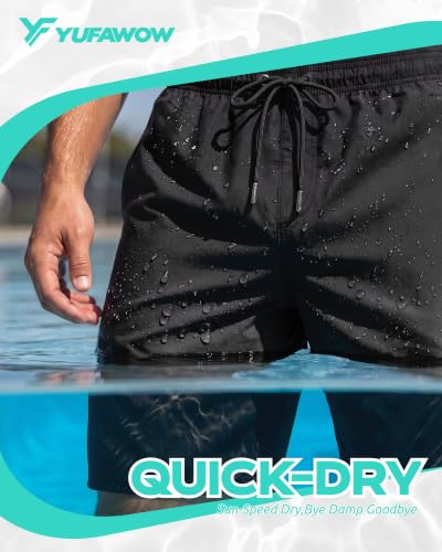 Yufawow 9 Inch Men Swim Trunks with Mesh Lining - Quick Dry, Breathable Pockets, Solid Black XXL