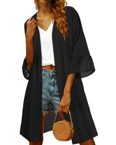 Women’s Summer Puff Sleeve Kimono Cardigan - Solid Black, Medium