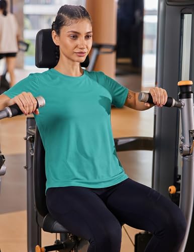 PINSPARK Women's Short Sleeve Workout T-Shirt - Basic Crewneck Top, Large Teal