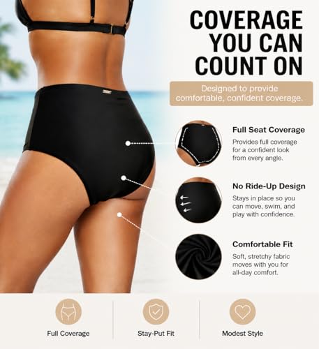 Zmart Women's High Waisted Bikini Bottom - Black, Medium, Full Coverage Tummy Control