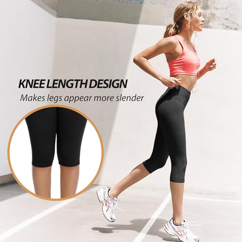 FULLSOFT 2 Pack Women's High Waist Knee-Length Capri Leggings with Pockets - Size Large-X-Large, Black/Navy Blue