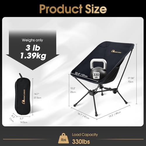 MOON LENCE XL Ultralight Camping Chair Black - 15% Larger Seat, 2.7 Lbs