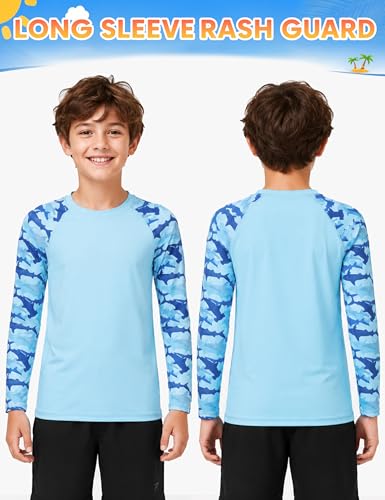 Boys' Long Sleeve Rash Guard Swim Shirt - UPF 50+, 8-10 Years A-light Blue
