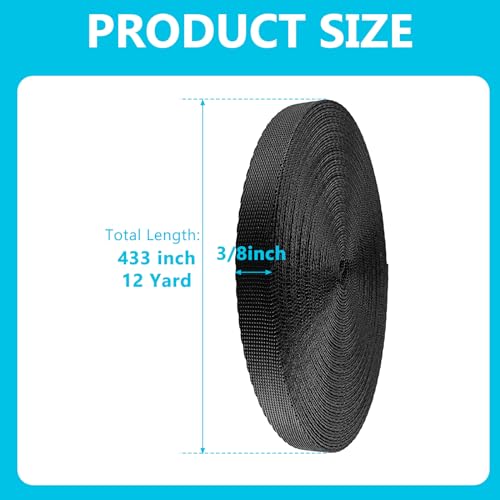 3/8 Inch Heavy Duty Nylon Webbing Strap - 12 Yard Roll, Black DIY Utility