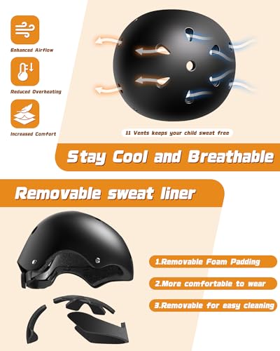 Kids Bike Helmet Set with Knee and Elbow Pads - Black, Ages 2-8