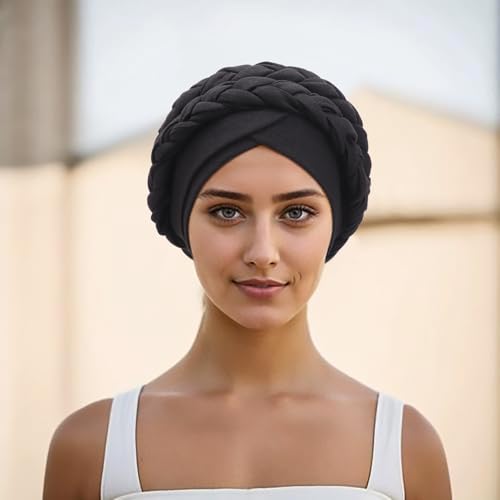 African Women Turban Cap - Pre-Tied Double Braids Beanie - Black