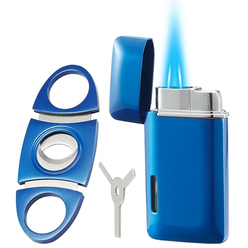 Bbsisgo Blue Refillable Windproof Double Jet Flame Lighter & Cutter Set