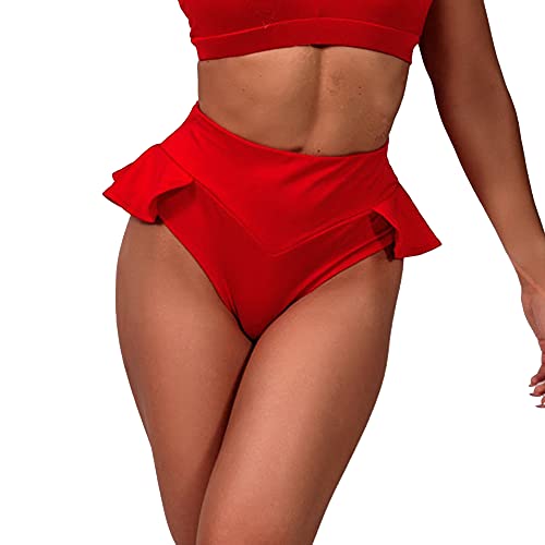 High Waist Women's Gym Shorts - Sexy Ruffle Hot Pants, C-Red 3X-Large