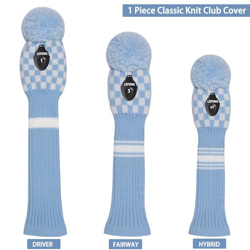Knitted Golf Head Cover for Driver & Hybrid - Blue White Plaid