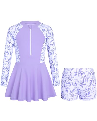 HOZIY Girls Rash Guard Swimsuit Set with Front Zip – Lavendar Floral 9-10 Years