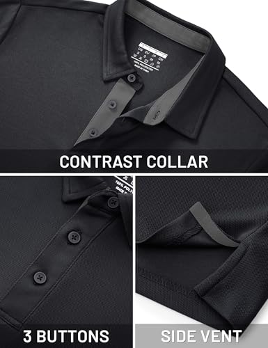 TACVASEN Men's Short Sleeve Polo Shirt - Dry Fit Golf Casual Collared Top, Medium Black