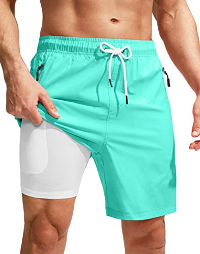 Viodia Men's 7 Inch Quick Dry Cyan Swim Trunks with Pockets - Large