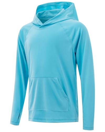 Boys Long Sleeve Hoodie Swim Shirt - UPF 50+ Sun Protection, Crystal Blue, Large