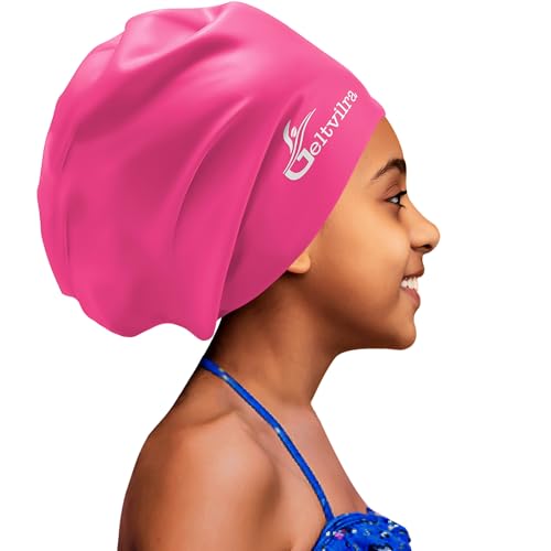 Fuchsia Extra Large Kids Swim Cap for Long Hair Dreadlocks & Braids Waterproof Silicone Turban
