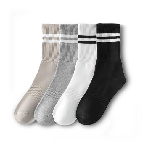 Womens Athletic Striped Crew Socks - 4 Pairs White, Black, Grey, Khaki