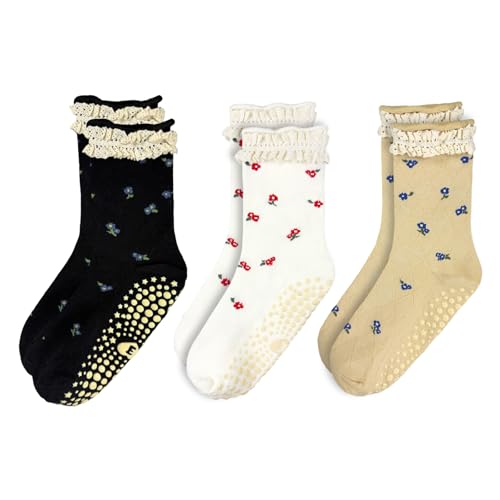 Non-Slip Pilates Grip Socks for Women - Floral Ruffle - Black/White/Khaki
