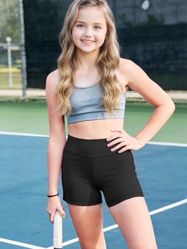 High Waist Girls Athletic Shorts - Black, 13-14 Years