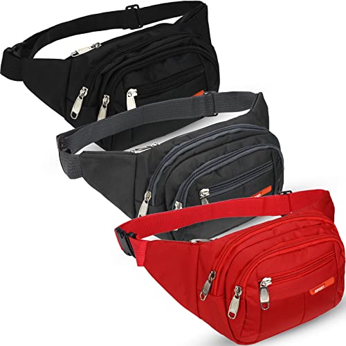 Reginary 3 Pack Fanny Pack Belt Bags for Travel Waterproof Waist Pouch (Black, Red, Gray)