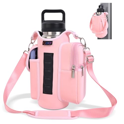 icolor Pink Neoprene Magnetic Gym Water Bottle Holder with Phone Pockets & Shoulder Strap