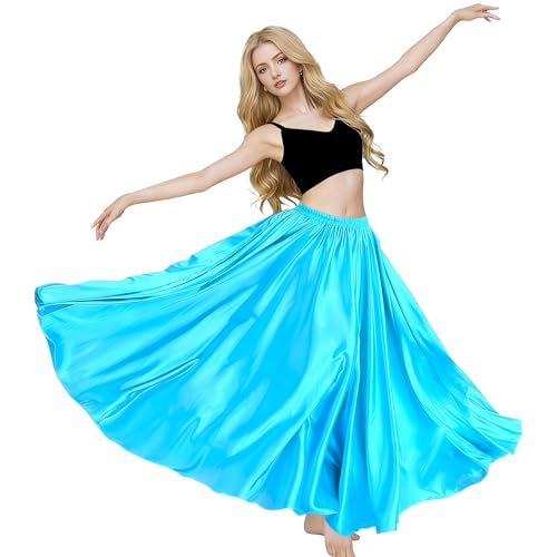 Light Blue MUNAFIE Women's Maxi Satin Skirt - Long Flowing Belly Dance / Praise Dance Elastic Waist