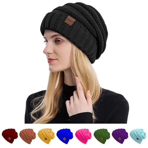 Women's Winter Beanie Hat Slouchy Cable Knit Thick Cold Weather 1 Pack - Black