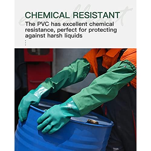 Pacific PPE Oil Resistant Gloves 26 Inch Reusable PVC Coated Work Gloves,Fishery, Machinery, Chemical Industrial Gloves with Cotton Liner,Heavy Duty Chemical Resistant Gloves, Non-slip(Green,L)